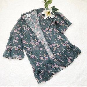 ARMY GREEN FLORAL SHEER KIMONO | AE